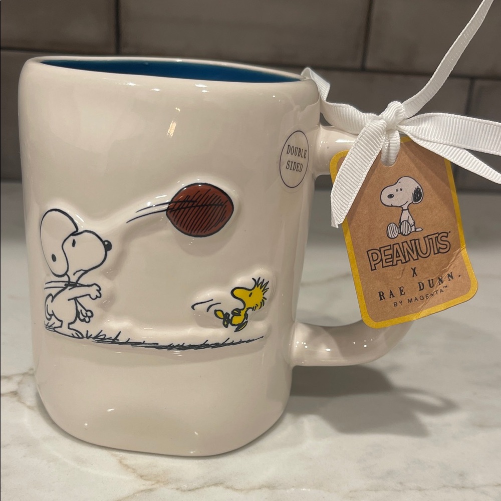 Rae Dunn Peanuts White and Blue Mug 🏈 “Go Team ~ Super-bowl!
